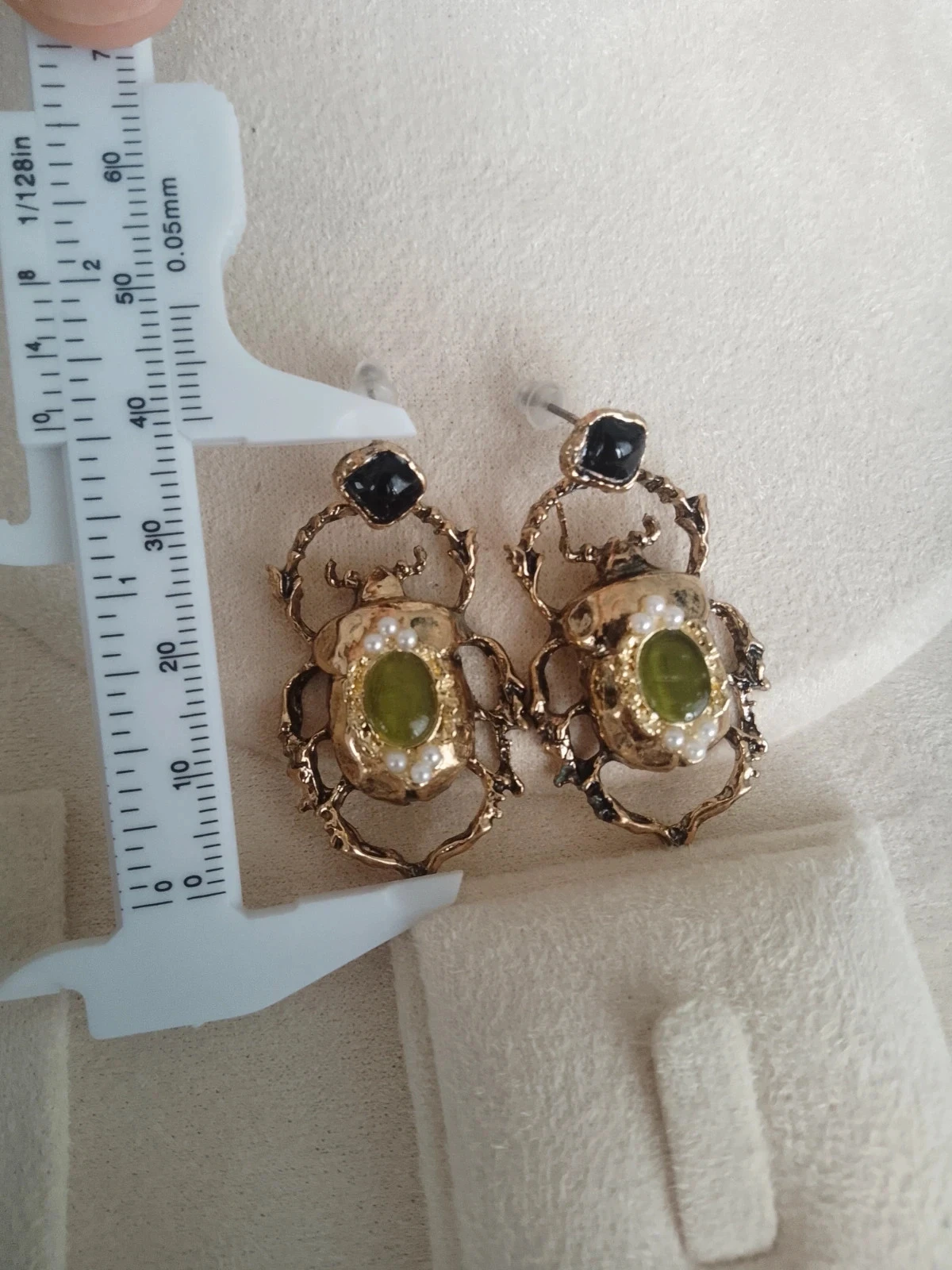 Boucles d'oreilles bohèmes scarabées égyptiens pierres oeil de chat vertes – photo 2
